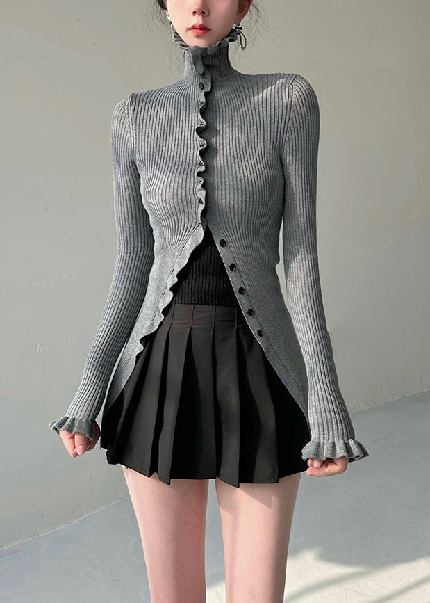Grey Turtleneck Button Knit Sweater Butterfly Sleeve