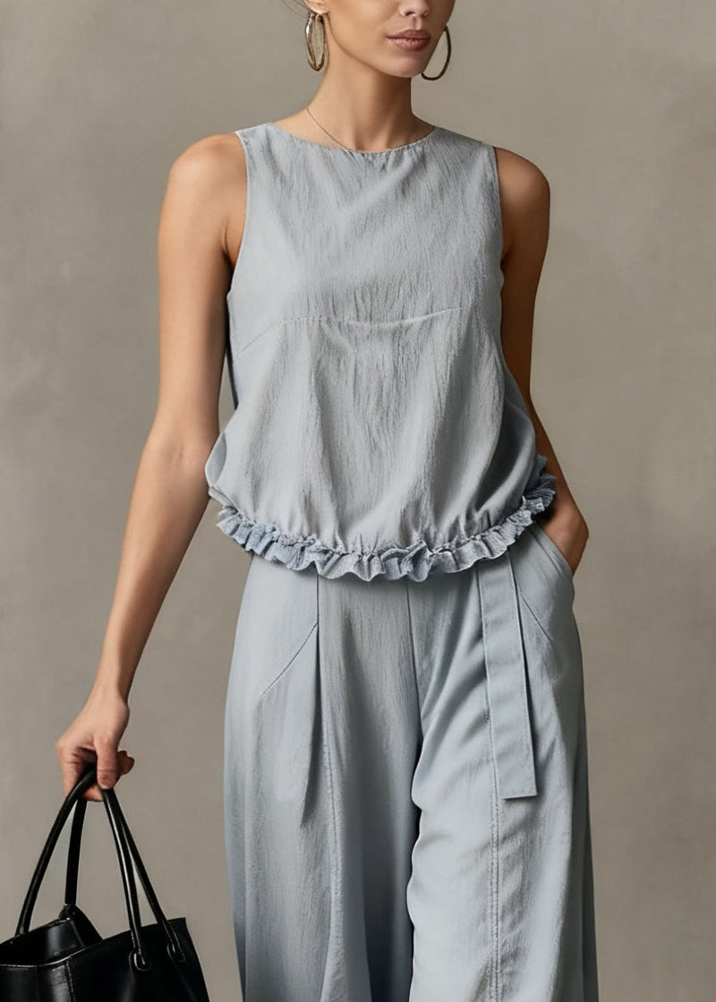 Haze Blue Ruffled Pockets Cotton Two Piece Set Summer
