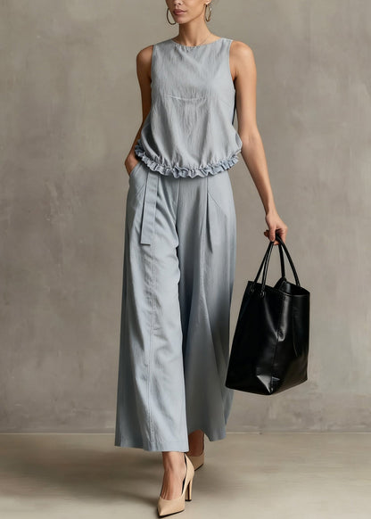 Haze Blue Ruffled Pockets Cotton Two Piece Set Summer