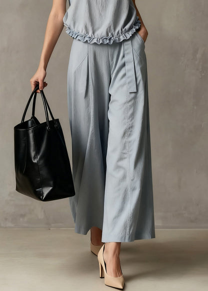 Haze Blue Ruffled Pockets Cotton Two Piece Set Summer