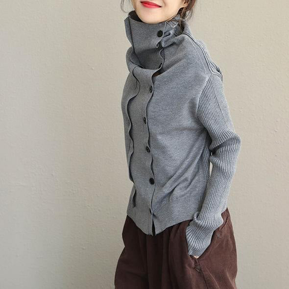 High Neck Button Down Fitted Sweater Tops