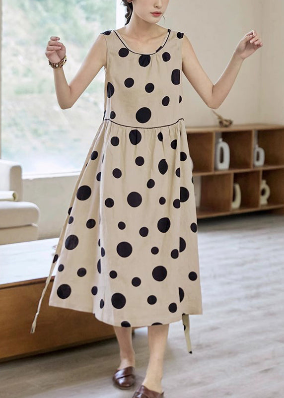 Khaki Dot Pockets Tie Waist Cotton Long Dress Sleeveless