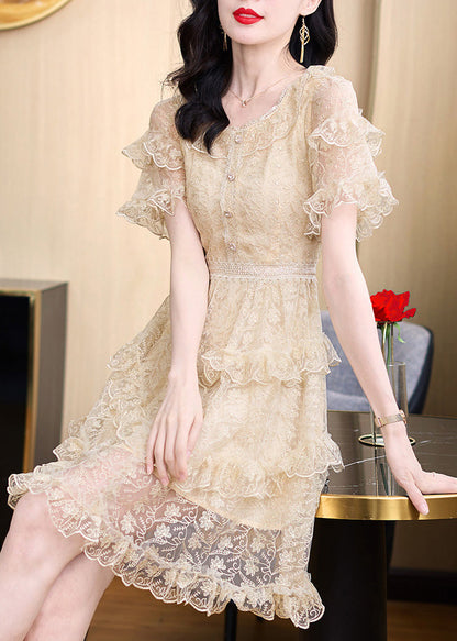 Khaki Embroidered Ruffled Lace Mid Dress Summer