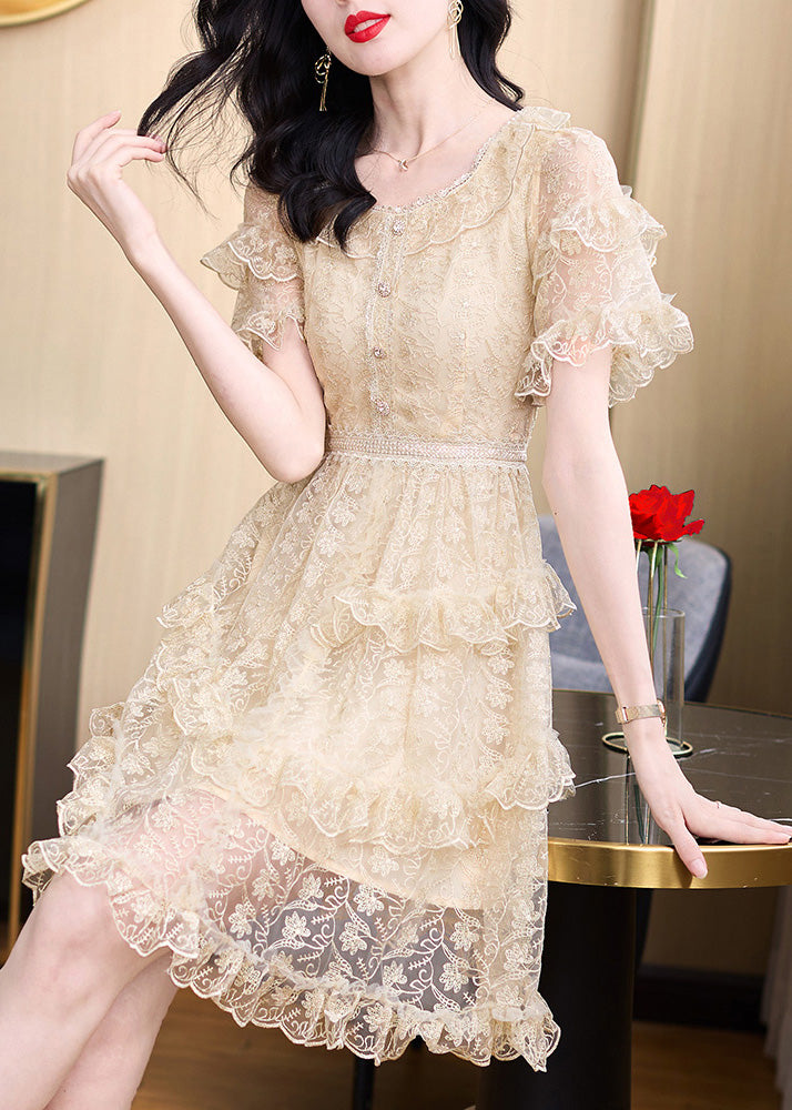 Khaki Embroidered Ruffled Lace Mid Dress Summer