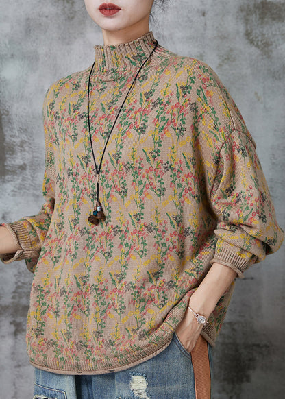 Khaki High Neck Print Knit Sweaters Spring