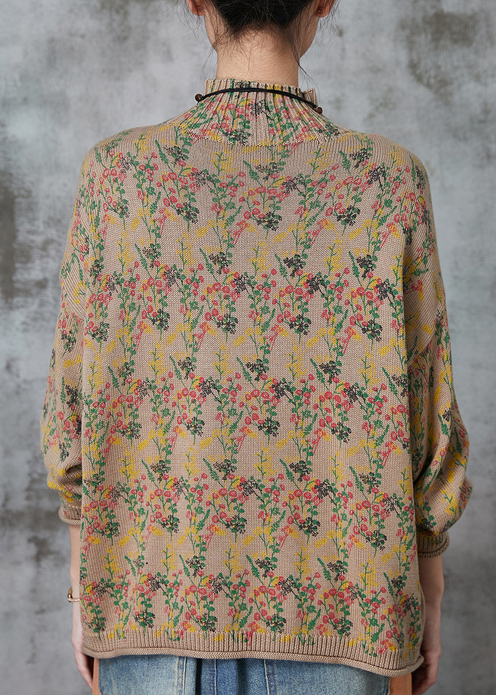 Khaki High Neck Print Knit Sweaters Spring