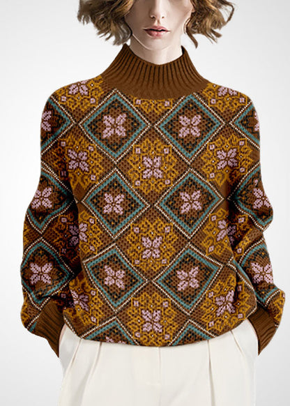 Khaki High Neck Thick Print Wool Sweaters Winter