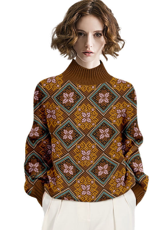 Khaki High Neck Thick Print Wool Sweaters Winter