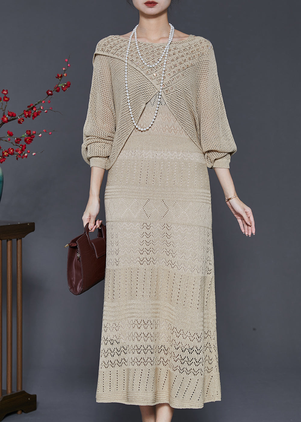 Khaki Hollow Out Knit Dress Two-piece Set Spring
