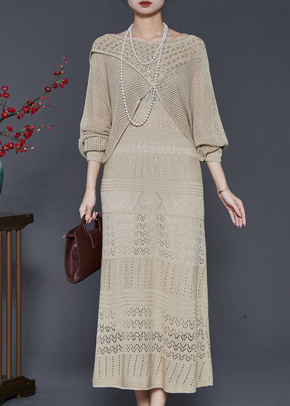 Khaki Hollow Out Knit Dress Two-piece Set Spring