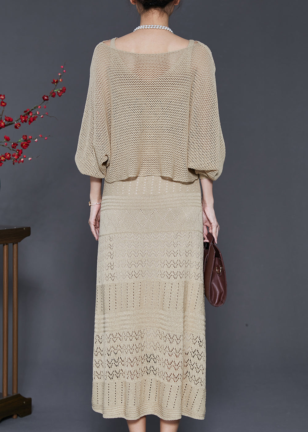 Khaki Hollow Out Knit Dress Two-piece Set Spring