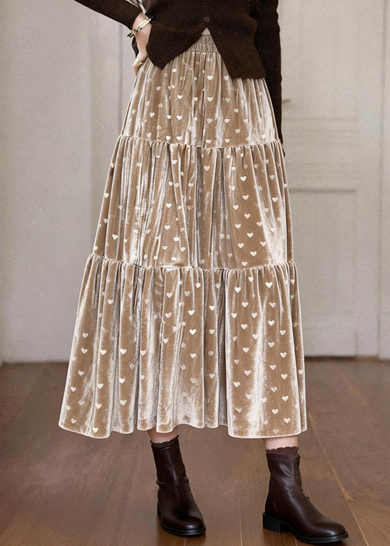 Khaki Love Print Patchwork Silk Velvet Skirts Spring