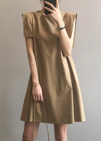 Khaki O-neck Cotton Day Dress Sleeveless