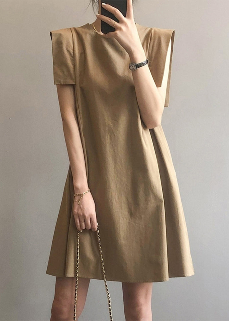 Khaki O-neck Cotton Day Dress Sleeveless