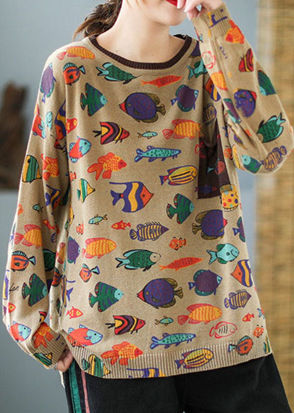 Khaki O-neck Oversized Print Knit Sweater Tops Winter