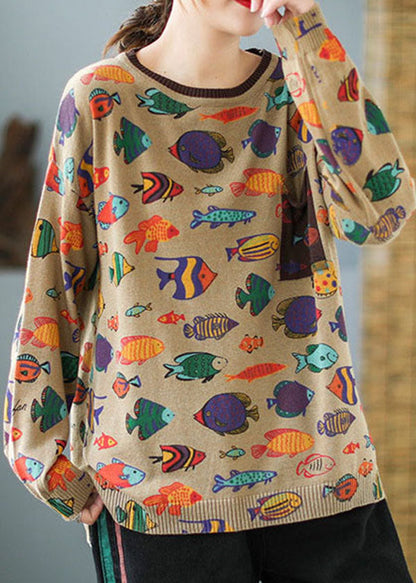 Khaki O-neck Oversized Print Knit Sweater Tops Winter