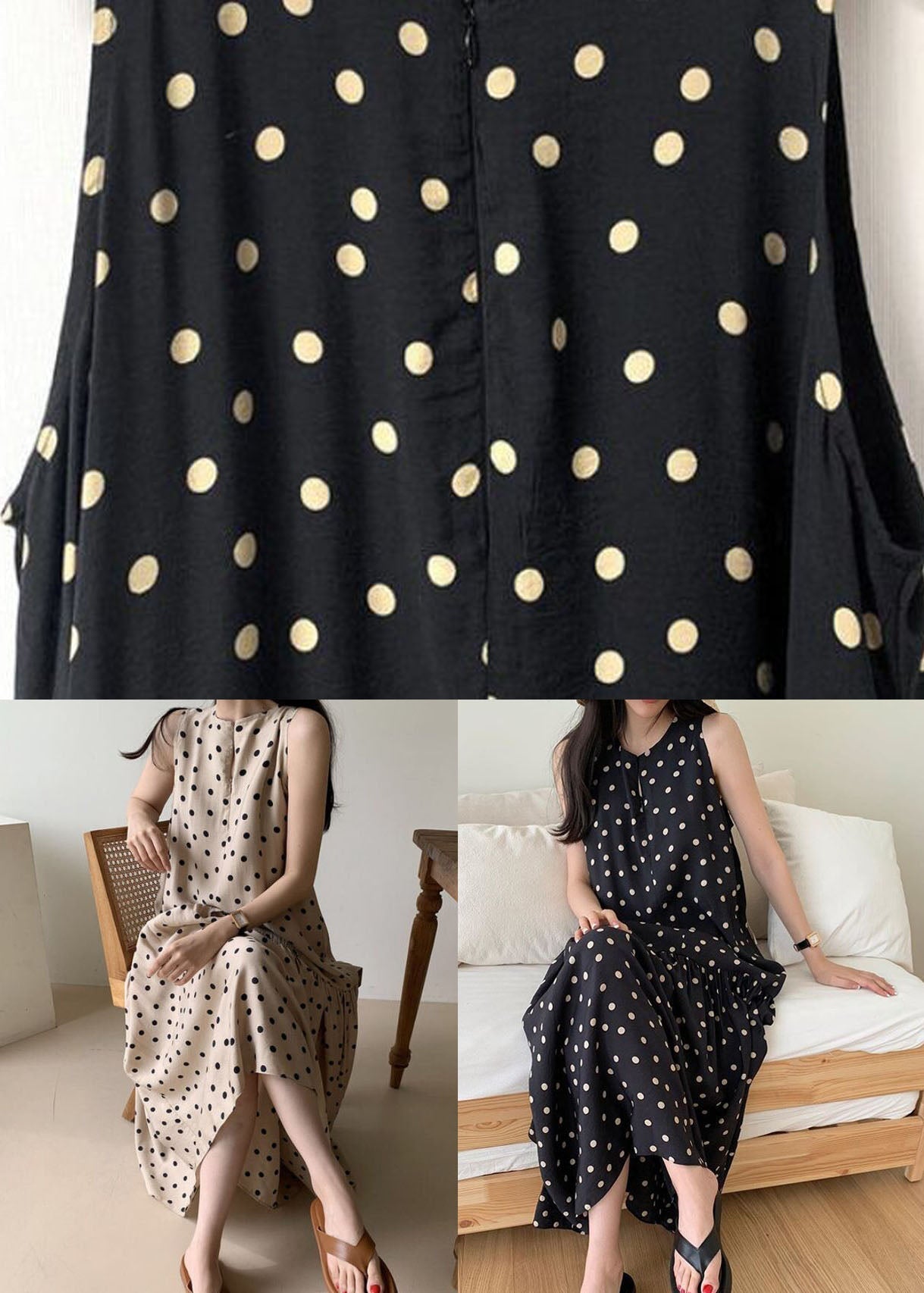 Khaki O Neck Patchwork Dot Print Cotton Dresses Summer