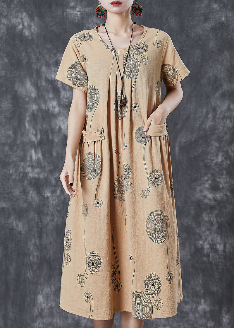 Khaki Print Pockets Cotton Holiday Dress Summer