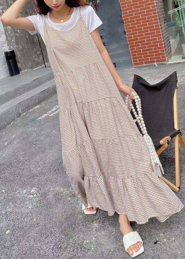 Khaki Slash Neck Plaid T Shirts and Long Dress Two Pieces Set Summer