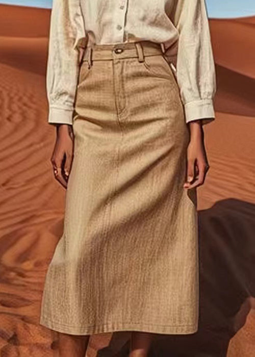 Khaki High Waist Linen a Line Skirts Summer