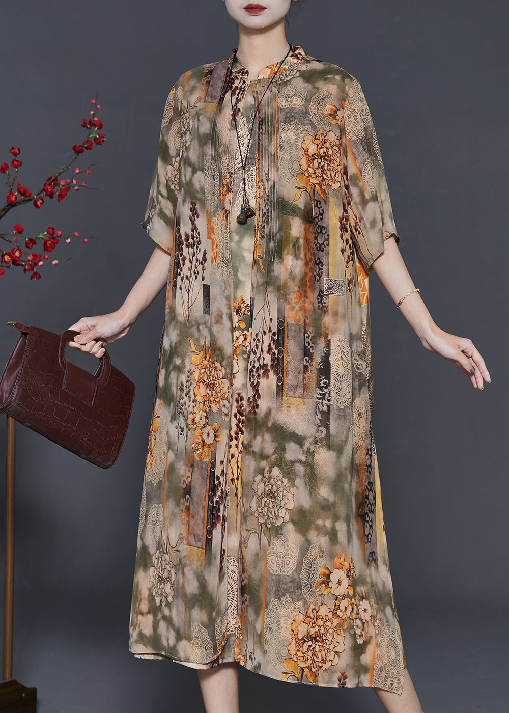 Khaki Stand Collar Print Chiffon Fake Two Piece Dress Summer