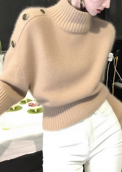 Khaki Turtleneck Cozy Knit Sweaters Winter