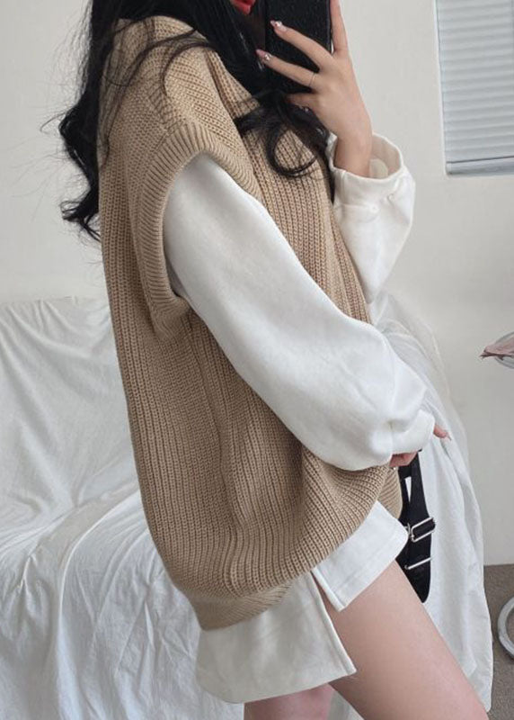 Khaki V Neck Oversized Knit Two Piece Set Outfits Spring