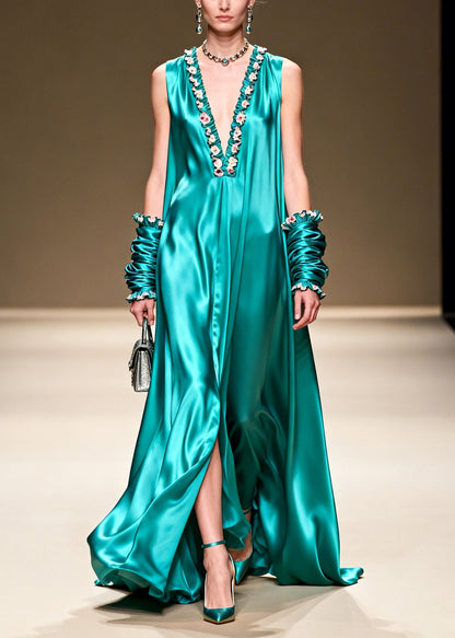 Lake Green V Neck Silk Long Dresses Summer