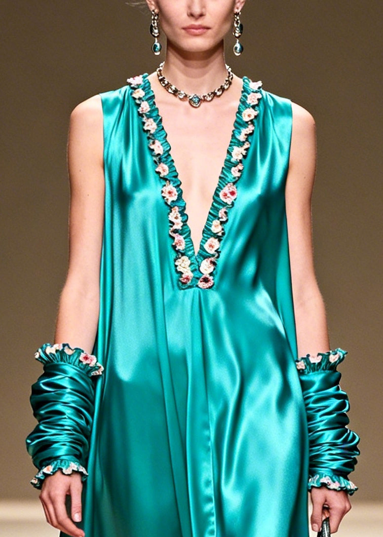 Lake Green V Neck Silk Long Dresses Summer