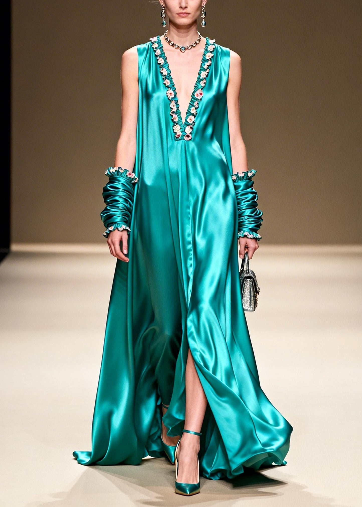 Lake Green V Neck Silk Long Dresses Summer