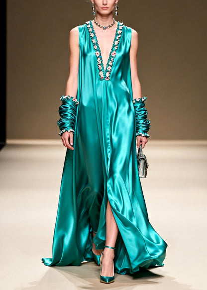 Lake Green V Neck Silk Long Dresses Summer