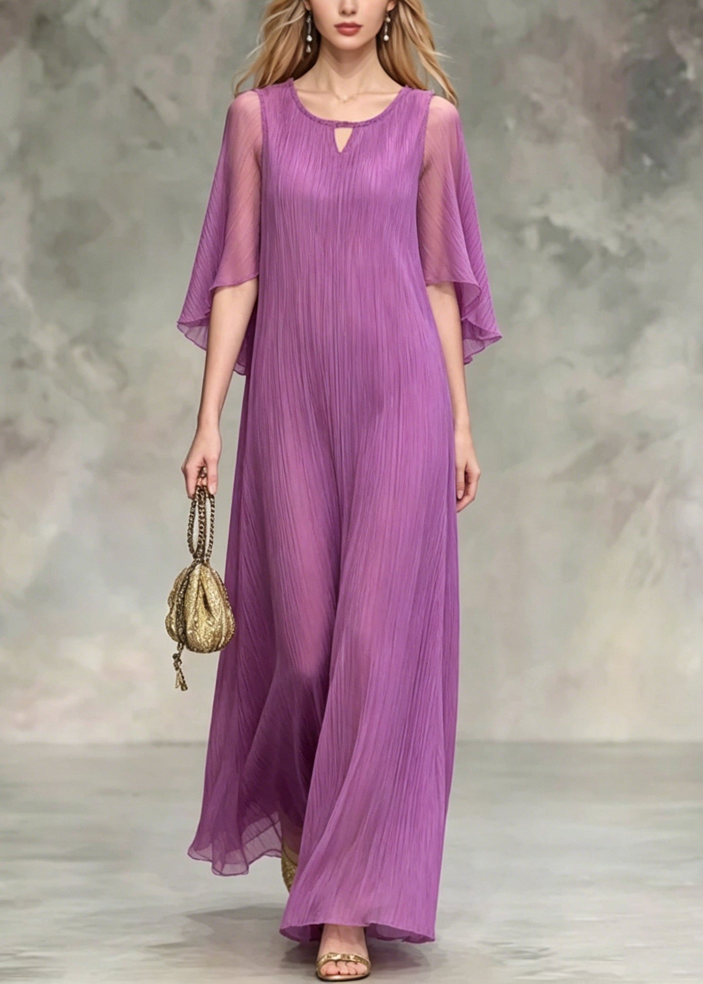 Lavender O Neck Silk Maxi Dress Summer