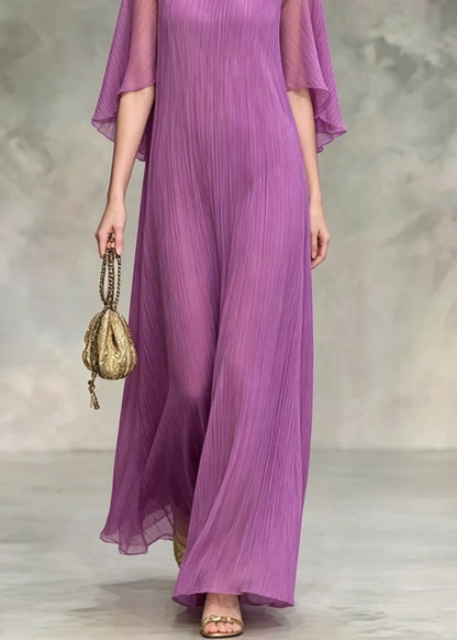 Lavender O Neck Silk Maxi Dress Summer