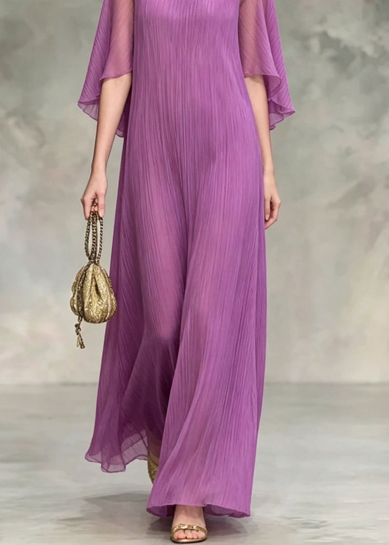 Lavender O Neck Silk Maxi Dress Summer