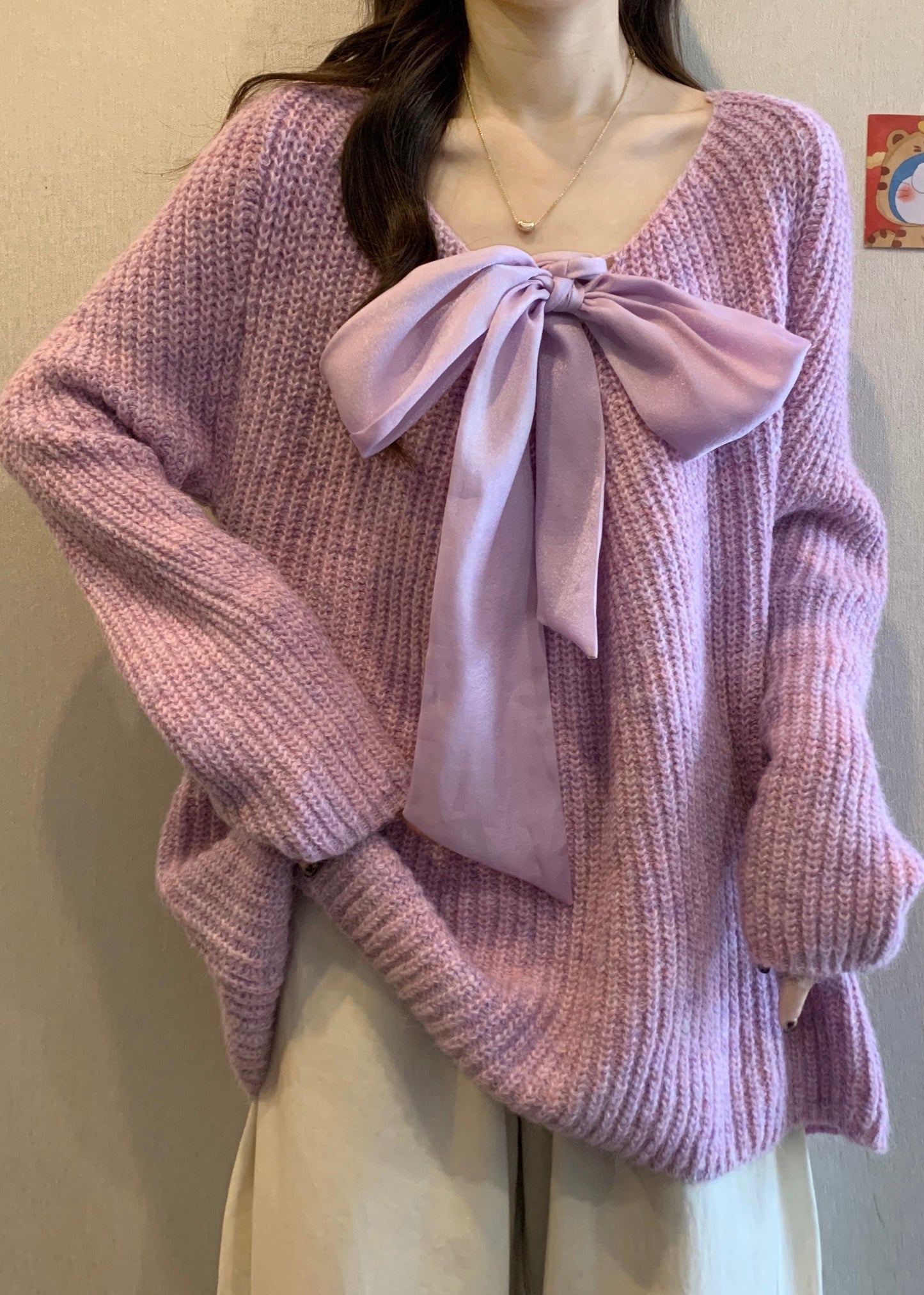 Lavender Oversized Bow Knit Cozy Sweaters Winter