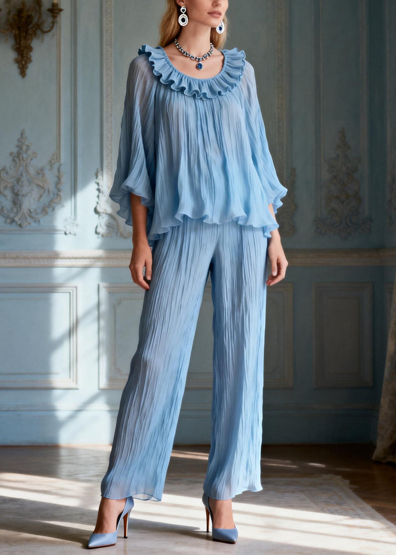 Light Blue O-neck Love Heart Ruffled Two Pieces Set Lantern Sleeve
