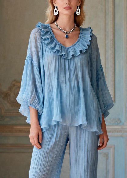Light Blue O-neck Love Heart Ruffled Two Pieces Set Lantern Sleeve