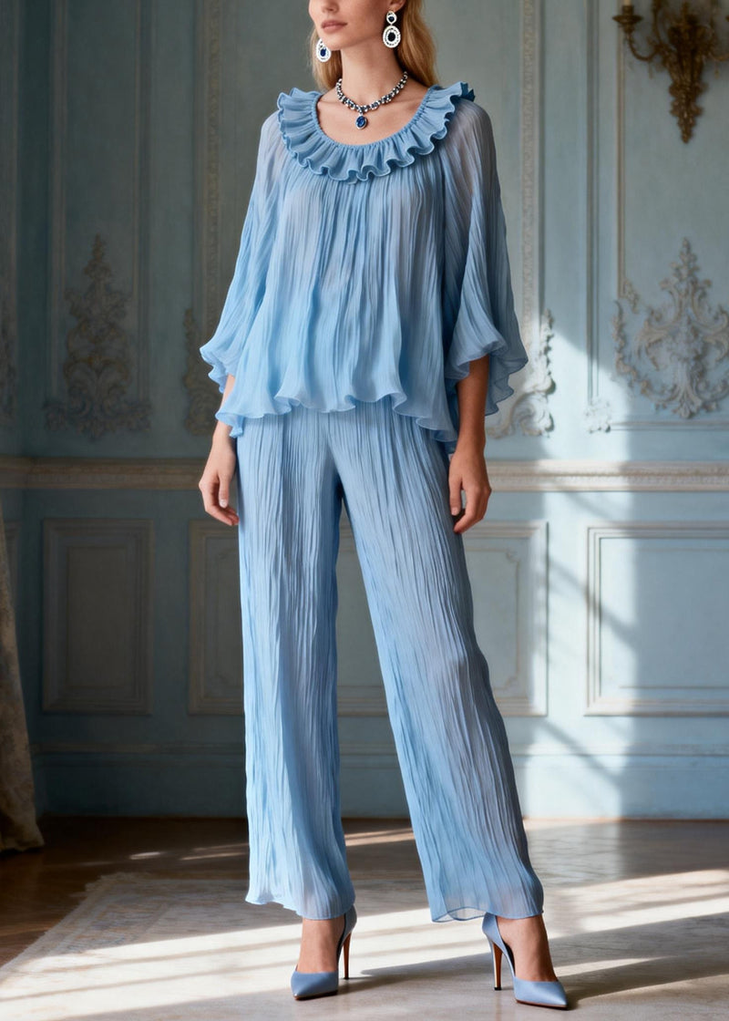 Light Blue O-neck Love Heart Ruffled Two Pieces Set Lantern Sleeve