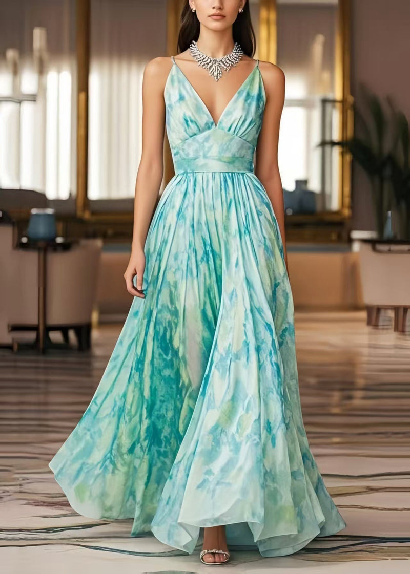 Light Blue Print Exra Large Hem Chiffon Cami Dresses Summer