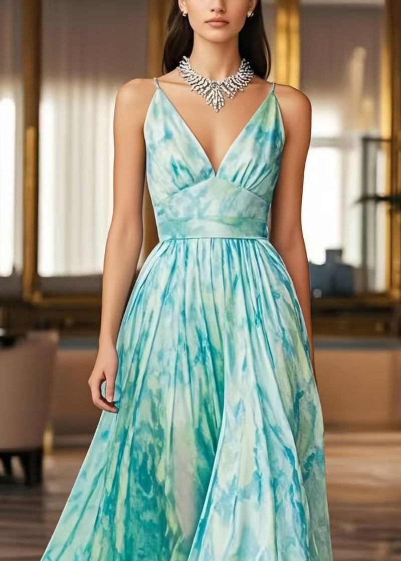 Light Blue Print Exra Large Hem Chiffon Cami Dresses Summer