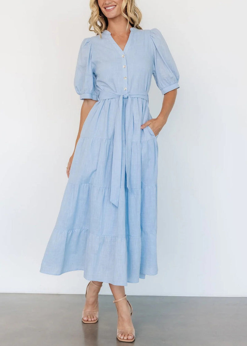 Light Blue V Neck Pockets Cotton Long Dress Summer