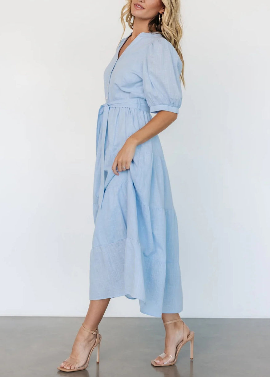 Light Blue V Neck Pockets Cotton Long Dress Summer