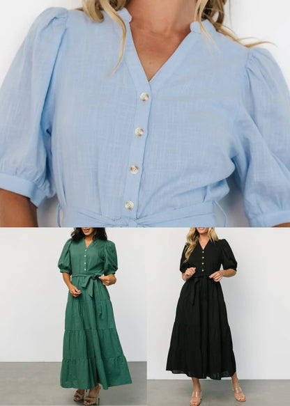 Light Blue V Neck Pockets Cotton Long Dress Summer