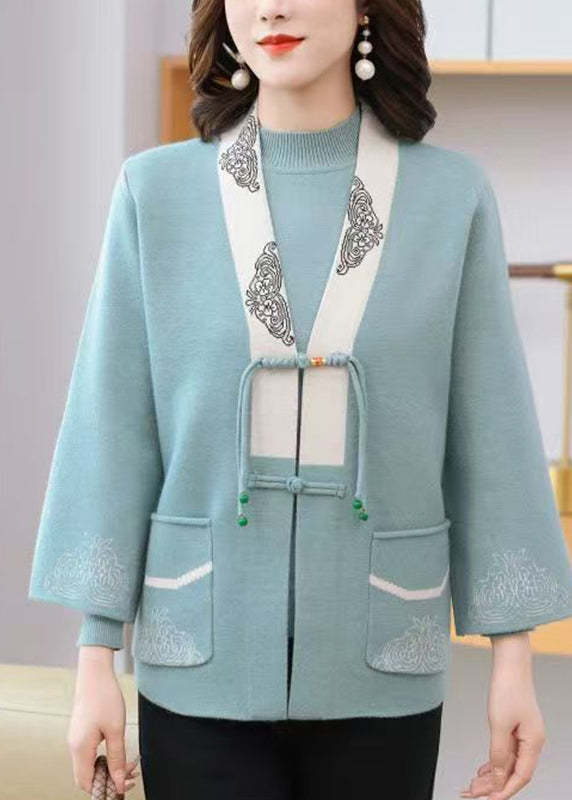Light Blue V Neck Print Tassel Cotton Knit Cardigans and Sweaters Two Pieces Set Spring