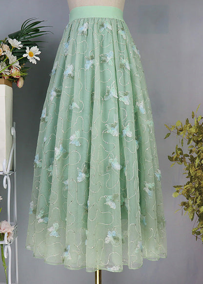 Light Green Butterfly Embroideried High Waist Tulle Maxi Skirts Spring