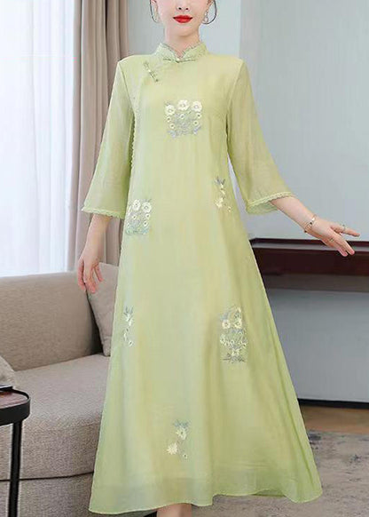 Light Green Stand Collar Embroidered Silk Long Dresses Half Sleeve