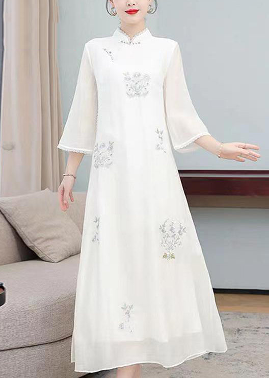 Light Green Stand Collar Embroidered Silk Long Dresses Half Sleeve