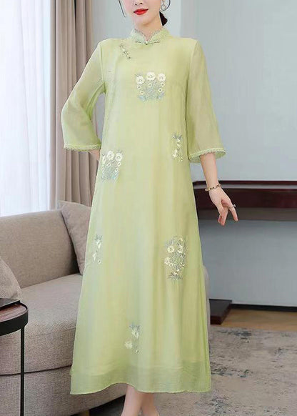 Light Green Stand Collar Embroidered Silk Long Dresses Half Sleeve