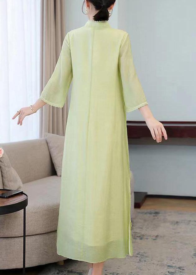 Light Green Stand Collar Embroidered Silk Long Dresses Half Sleeve