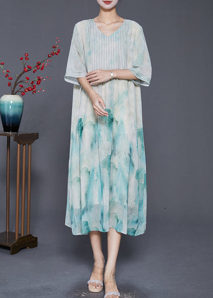 Light Green Tie Dye Wrinkled Chiffon a Line Dresses Summer